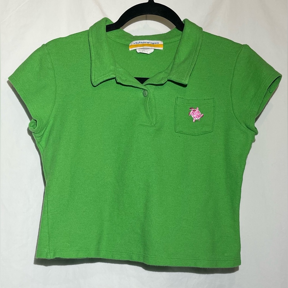 Retro!! 90s/Y2K - juniors cropped polo - bright green with pink turtle sz large